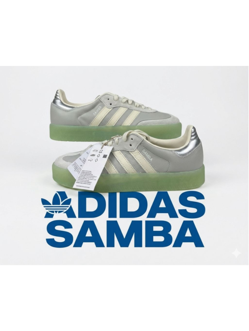 *RARE Adidas Samba Originals Sambae Grey Silver White Green Gum Shoes wmns.6.5